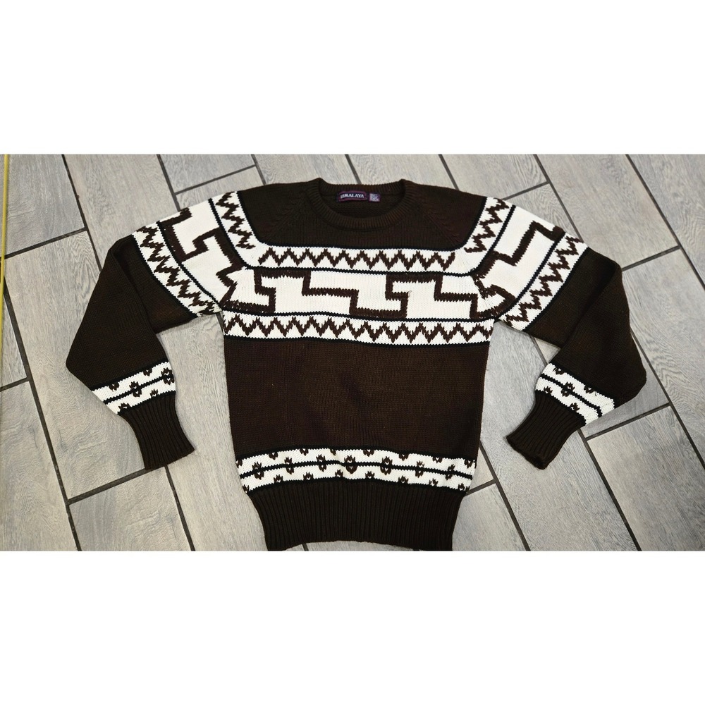 Vintage Himalaya Brown Geometric Fair Isle Knit Sweater Crewneck Large Taiwan